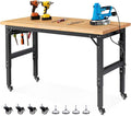 Workbench with Wheels 60 Inch Rubberwood Tabletop Garage Workbench Adjustable Height Work Bench with Pegboard, Power Outlets for Woodworking, Home, Office, Workshop