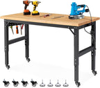 Workbench with Wheels 60 Inch Rubberwood Tabletop Garage Workbench Adjustable Height Work Bench with Pegboard, Power Outlets for Woodworking, Home, Office, Workshop