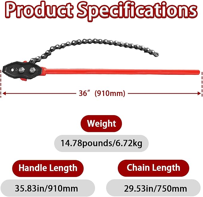36" Chain Wrench with 29.5" Length of Chain, Heavy Duty Chain Pipe Wrench for Pipe Installation and Maintenance, Fits Max 4-inch Pipe Diameters