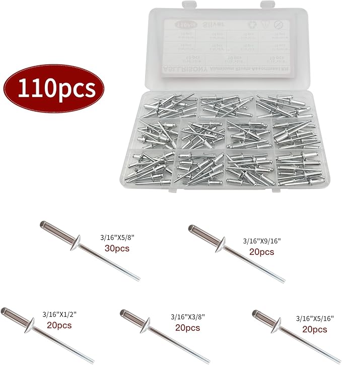 110Pcs Silver 3/16" Pop Rivets Assortment Kit,5 Sizes Aluminum Rivets,Aluminum blind pro Rivets for DIY/Metal/Furniture/Instruments
