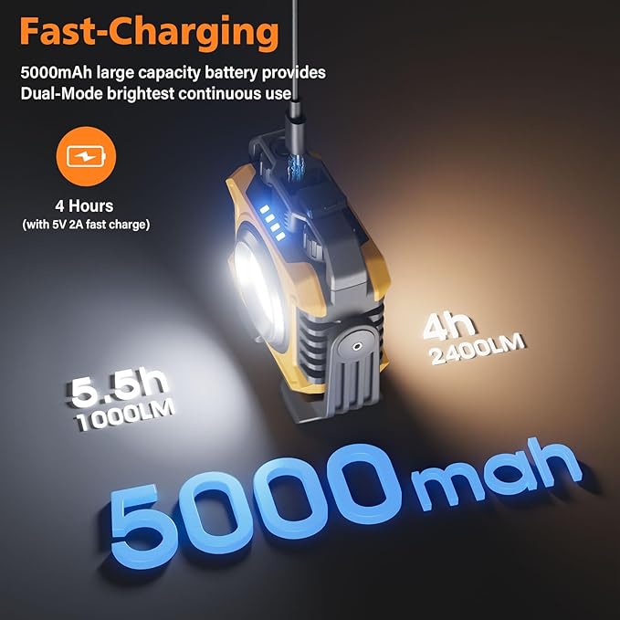 Samyoung 2 Pack 2400LM Magnetic Rechargeable Work Light, 28 Hours Long Lasting Stepless 2700-8000K White & Warm Bright Portable LED Work Light, Ultralight 360°Rotating with Hook(Yellow)