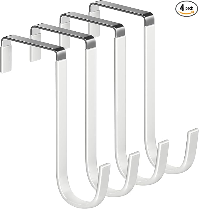Over The Door Metal Hooks with Plastic Coating 5.5" Fit 0.5" to 2" Wide Door 4 Pcs Heavy Duty Single Towel Robe Rack Wreath Bathroom Shower Hanger Shoe Organizer Ironing Board Short White