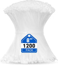 Zip Ties, RAZCC 1200pcs Cable Zip Ties 8 Inch, Heavy Duty White Plastic Wire Ties with 50lb Tensile Strength, Self-Locking Nylon Cable Ties, Wire Management for Indoor and Outdoor