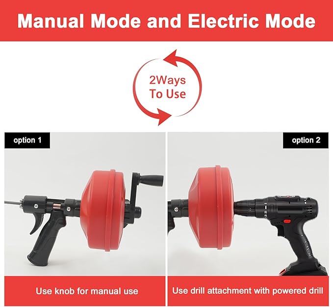 35FT Drain Snake with Drill Attachment, Auto/Manual Plumbing Snake for Kitchen Sink, Shower Clogs, Includes Gloves & Storage Bag