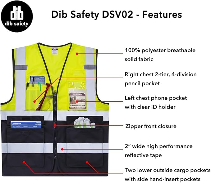 Dib Safety Reflective Vest High Visibility with Pockets and Zipper, Yellow and Black L
