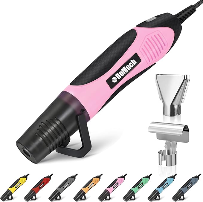 ROMECH 350W Heat Gun with 2 Nozzles, Dual Temp Heat Gun 400°F-660°F, Fast Heat Hot Air Gun with Overload Protection for DIY Craft Embossing Shrink Wrapping (Pink)