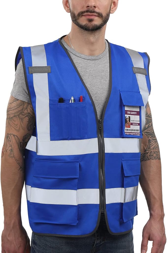 Dib Safety Reflective Vest High Visibility with Pockets and Zipper, Blue 2XL
