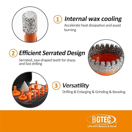 Diamond Core Drill Bit Kit BGTEC Hole Saw Tile Cutter,Triangle Shank 9pcs 6/8/10/20/28/32/35/45/65mm Drill Bits+1pc 25mm Drilling Finger Bit+1pc 2" Hex Shank Chamfer Bit