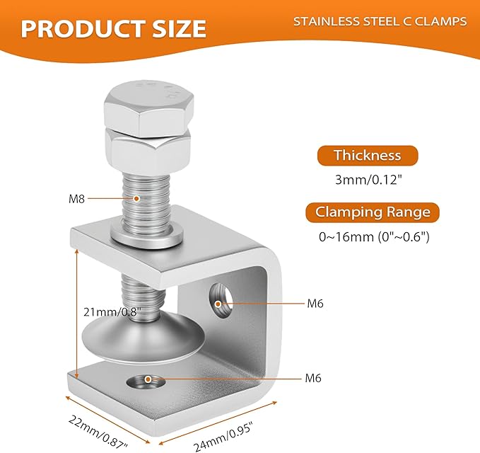 0.8 Inch C Clamps, 6 Pack 304 Stainless Steel C Clamps for Woodworking and Welding,Stable Wide Jaw Opening Tiger Clamp for Construction Household Mount(21mm)