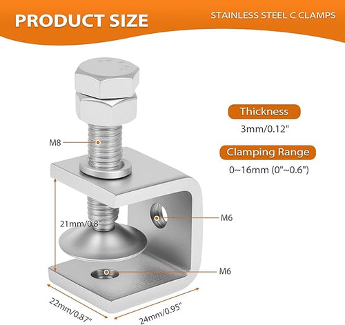 0.8 Inch C Clamps, 6 Pack 304 Stainless Steel C Clamps for Woodworking and Welding,Stable Wide Jaw Opening Tiger Clamp for Construction Household Mount(21mm)