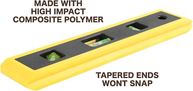 Mayes 10791 Torpedo Level 9", Compact Level Tool for Curved and Flat Surfaces, 3 High-Visibility Small Level Vials with V-Groove Edge, Leveling Tool Made in USA