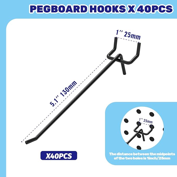 40Pcs 6" /150mm Stainless Steel Pegboard Display Hooks Bulk Set, Black Garage Organization Peg Wall Hook Metal Slatwall Panel Hook Fit 1/8 and 1/4 Inch Pegboard for Retail