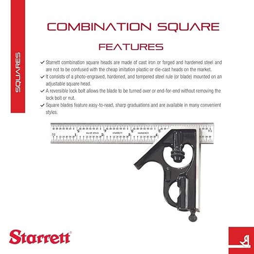 Starrett Steel Combination Square with Square Head - 6" Blade Length, Forged and Hardened Steel Heads, Reversible Lock Bolt, Scriber, Spirit Level, 4R Graduation Type - C33H-6-4R