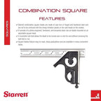 Starrett Steel Combination Square with Square Head - 6" Blade Length, Forged and Hardened Steel Heads, Reversible Lock Bolt, Scriber, Spirit Level, 4R Graduation Type - C33H-6-4R