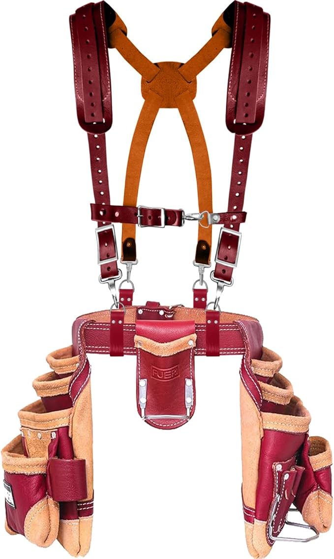 FUERI Leather Tool Belt Suspenders for Carpenters Construction Electricians Framers Bags Pouches Holder Organizer Set(16 Pocket Maroon Tool Belt Set, Adjustable)