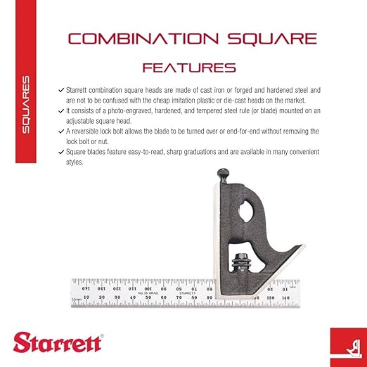 Starrett Steel Combination Square with Square Head - 150mm Blade Length, Cast Iron Heads, Hardened Steel, Reversible Lock Bolt, Scriber, 35 Graduation Type - 11MH-150