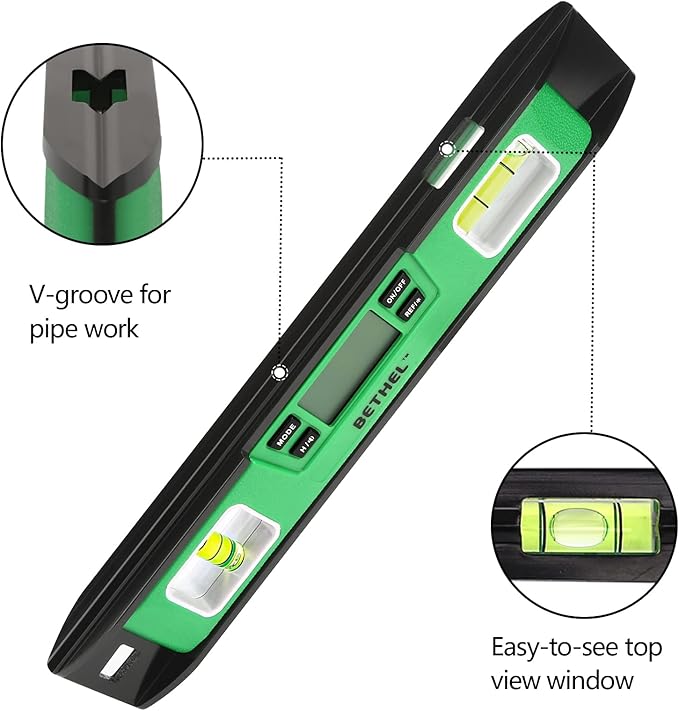 BETHEL Digital Torpedo Level -10 Inch IP54 Digital Magnetized Level Protected Electronic Bubble Inclinometer/Angle Finder/LED Display & V-Groove Base (10 Inch, Green)