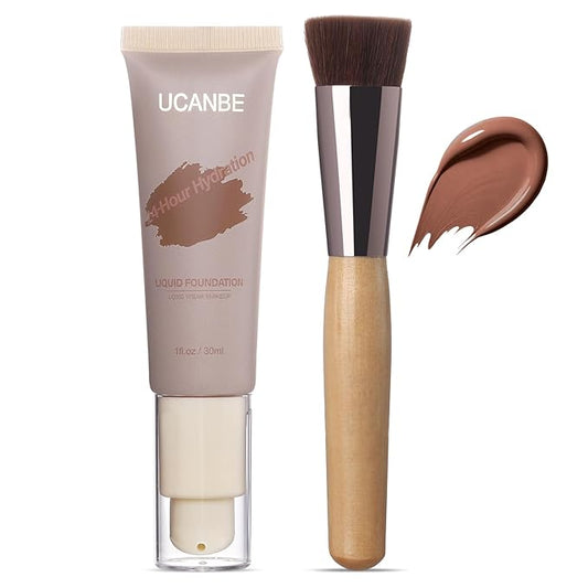 UCANBE Matte Liquid Foundation with Brush, Skincare Serum Foundation Face Makeup with Hyaluronic Acid, Medium to Full Coverage Waterproof Oil Control Longwear, for Mature Skin, Cocoa, 1 fl. oz.-VeraVaultWomen