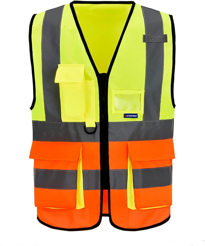 Small High Visibility Safety Vest with 7 Pockets, Multi Frontal Pockets Lighetweight Safety Vest with Reflective Strips and Zipper, Yellow&Orange Color Mixed