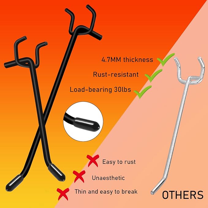 Dualshine 60Pcs Black Pegboard Hooks, 2/4/6 Inch Pegboard Wall Hook Heavy Duty PegBoard Shelving Hook Fit 1/4" PegBoard Metal Hanging Pegboard Display Hook Holder Organizer for Kitchen Store