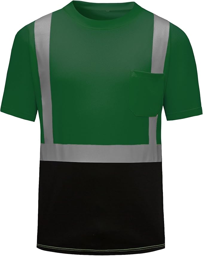 High Visibility Shirts Quick Dry Safety T Shirts with Reflective Strips and Pocket Short Sleeve Mesh Hi Vis Construction Work Class 2 Shirt for Men/Women Black Bottom Green,Medium