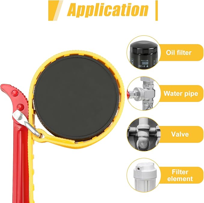 Strap Wrench Handle 8 Inches, Steel Handle Adjustable Strap Wrench for Replacing Water Filter, PVC Pipe Joints, Oil Filter, Swimming Pool Connection (Red Handle, Yellow Strap)