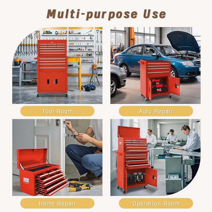 13-Drawer Double Doors Handle Rolling Tool Chest, 2 in 1 Detachable Rolling Tool Chests, Large Tool Boxes with Lock, Metal Standing Tool Cabinet for Garage Workshop(Red)