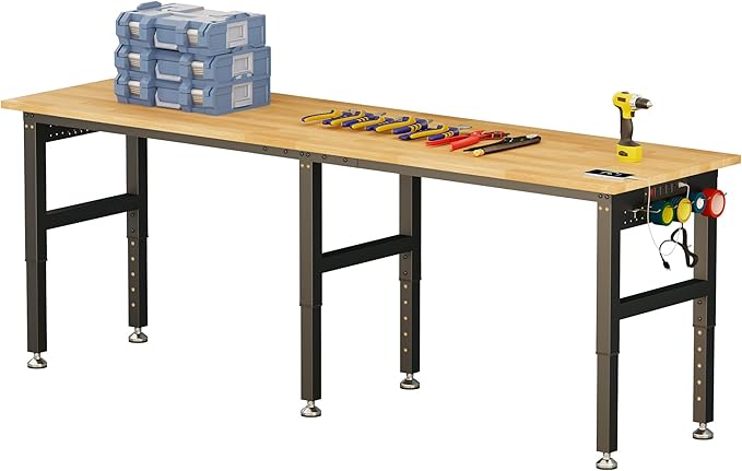 SPECRAFT 96“ Adjustable Heavy Duty Workbench with 4 AC Outlet and 2 USB Ports Power Outlets, 5000 Lbs Capacity, Rubber Wood Top for Garage, Workshop, Office