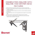 Starrett Steel Combination Square with Square Head and Center Head - 6" Blade Length, Forged and Hardened Steel Heads, Reversible Lock Bolt, Scriber, 4R Graduation Type - C33HC-6-4R