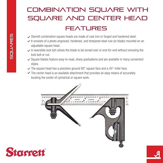 Starrett Steel Combination Square with Square Head and Center Head - 6" Blade Length, Forged and Hardened Steel Heads, Reversible Lock Bolt, Scriber, 4R Graduation Type - C33HC-6-4R
