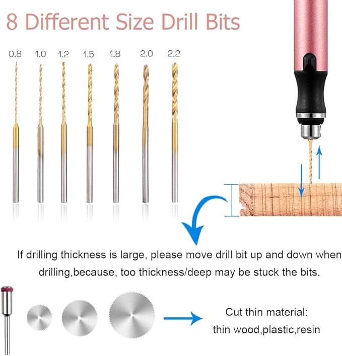 3-Speed Cordless Mini Drill Pen With 8 Small Drill Bits,Rechargeable Electric Hand Drill Pin Vise,Resin Drill Set For Jewelry Making,Resin,Plastic,Wood,Keychains DIY (PINK)