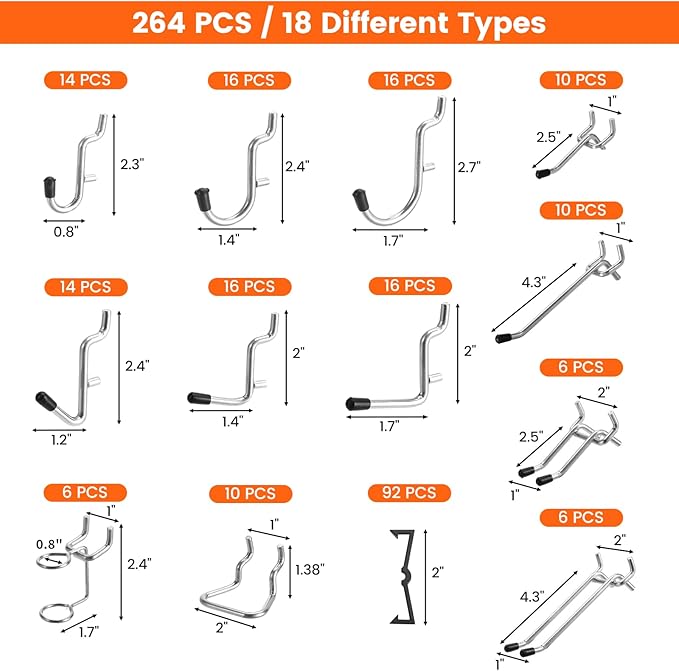 Pegboard Organizer Accessories Kit 264 PCS, Peg Board Hooks Assortment with Bins, Cups, Baskets for 1/4in Pegboard Wall Organizer, Garage Organization, Workbench, Craft Room, Hanging Tools