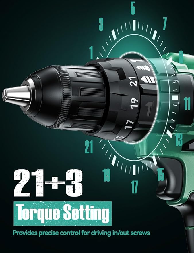 KIMO Hammer Drill - 20V 2X Battery Hammer Drill Cordless Drill Set, 350 In-lb Torque, 3/8" Keyless Chuck, 1350 RPM, 21+3 Position,14pcs Drill/Driver Bits, Power Drill Drivers for Concrete Brick Wall