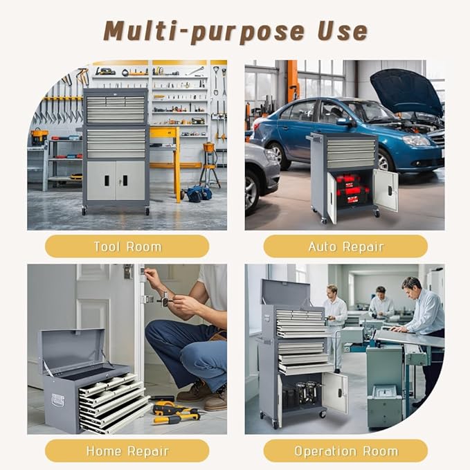 13-Drawer Double Doors Handle Rolling Tool Chest, 2 in 1 Detachable Rolling Tool Chests, Large Tool Boxes with lock, Metal Standing Tool Cabinet for Garage Workshop(Gray)