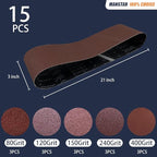 15 Pcs 3 x 21 Inch Assorted Aluminum Oxide Sanding Belt,80/120/150/240/400 Grit