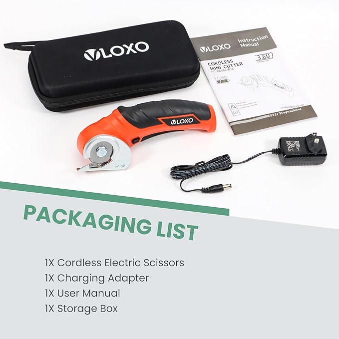 VLOXO Electric Scissors, Cordless Cardboard Cutter Power Box Cutter with Safety Lock, Multi-Cutting Tools for Cardboard, Rechargeable Mini Scissors for Plastic Leather Canvas with Storage Box Orange