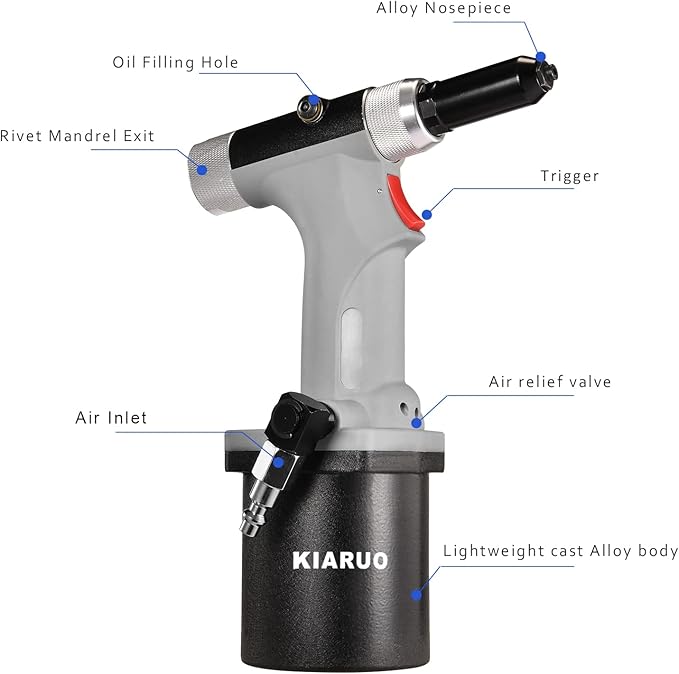 Pneumatic Rivet Gun 3/16" 5/32" 1/8" 3/32",KR-S50 with 1 Set of Extra Jaws, Air Hydraulic Riveter Tool kit for Aluminium, Steel and Stainless Steel Rivets