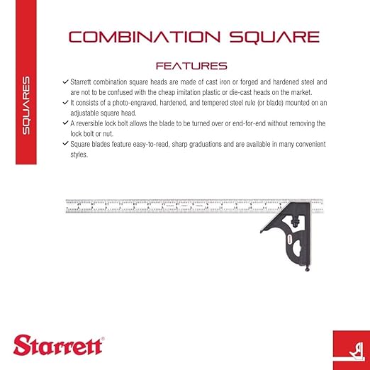 Starrett Steel Combination Square with Square Head - 18" Blade Length, Cast Iron Heads, Reversible Lock Bolt, Scriber, Spirit Level, 4R Graduation Type - 11H-18-4R