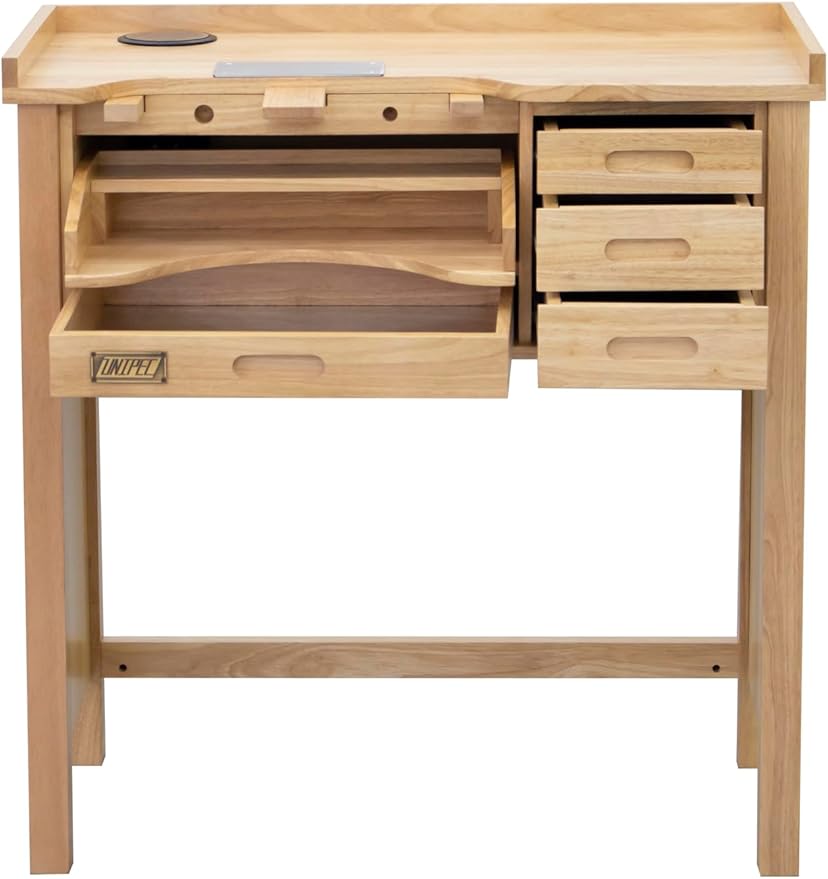 Deluxe Solid Wood Jewelers Workbench – Heavy-Duty Jewelry Bench with Drawers, Outlets, 1 USB, 1 Type-C, 2 Sockets, Wireless Charging Pad & Pop-Up Retractable Power Socket for Crafting & Repair