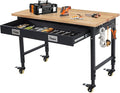 48x24 Inch Garage Workbench with Wheels, Adjustable Rubber Wood Top Garage Workbench with Power Outlet, 2000 Lbs Load Capacity, for Workshop, Woodworking, Office, Home.