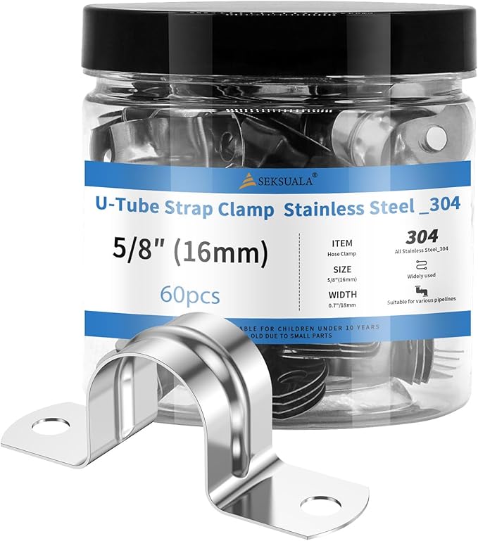 60Pcs 5/8 Inch (16mm) 304 Stainless Steel Conduit Clamps, U-Tube Strap Pipe Clamp Two Hole Strap U Bracket Rigid Pipe Strap Clamps Metal Conduit Strap Tension Clips U-tube Clamp Heavy Duty