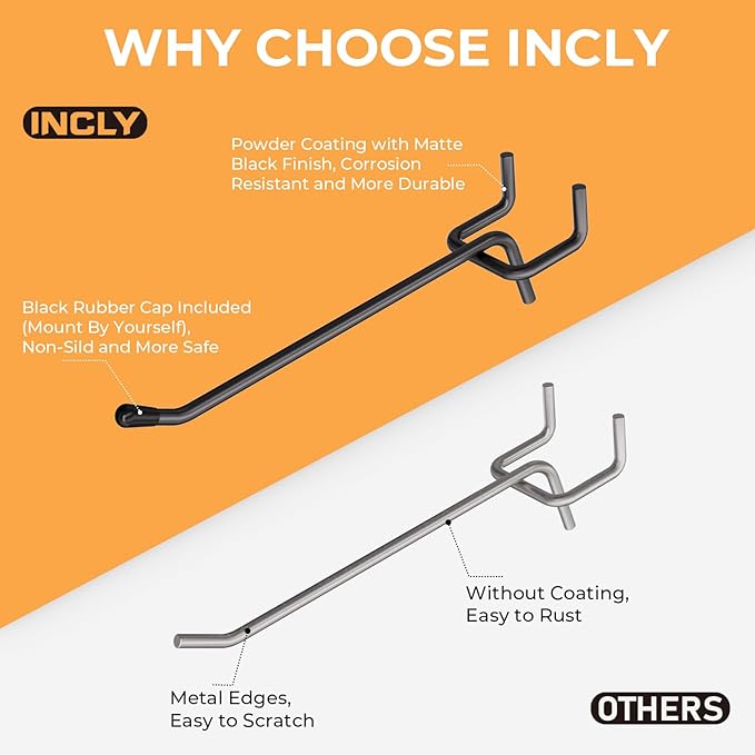 INCLY 120 Pack Black Pegboard Hooks, 4/6/8 Inch Peg Board Shelving Hooks Accessories, Peg Board Tool Hangers Fit for 1/8“ and 1/4" Pegboard Hanging Tools for Garage, Craft Room, Kitchen, Store