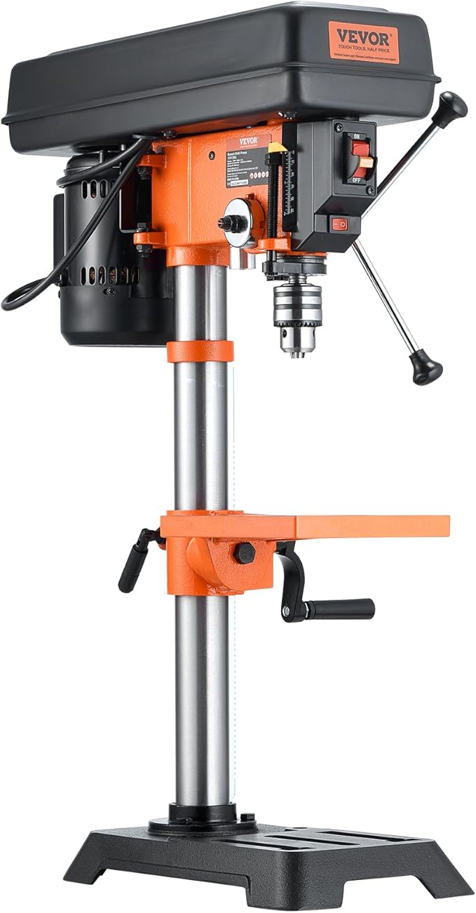 VEVOR Benchtop Drill Press, 3.2 Amp and 5-Speed Adjustable Drill Press with 10 in Swing, Cast Iron Frame, Worktable Tilts 0-45°, Ideal for Drilling Wood & Metal