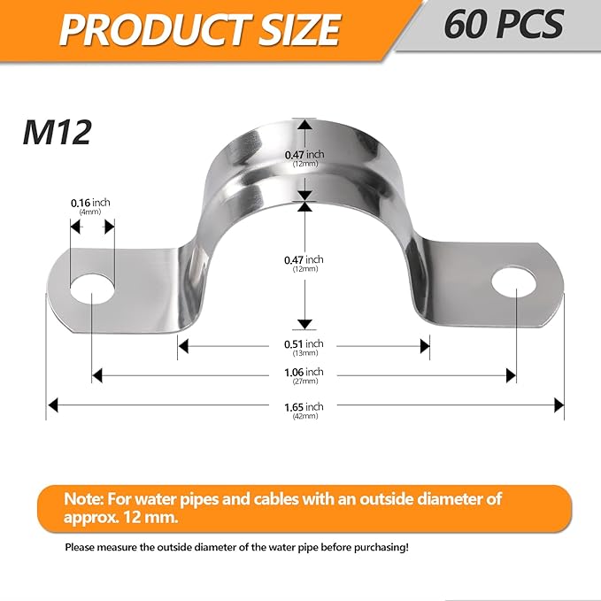 M12 Pipe Clamps, 1/2 Inch 304 Stainless Steel Conduit Clamps, 2 Hole Strap U Bracket Rigid Pipe Strap Metal U Clamp Conduit Strap Tension Clips U-tube Pipe Clamps（12mm）