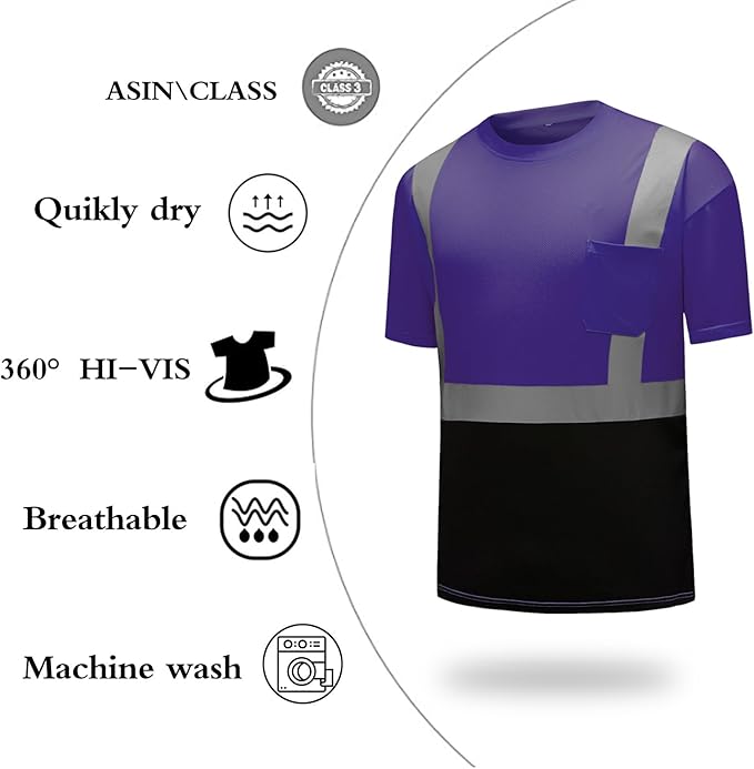 High Visibility Shirts Quick Dry Safety T Shirts with Reflective Strips and Pocket Short Sleeve Mesh Hi Vis Construction Work Class 2 Shirt for Men/Women Black Bottom Purple,3XL