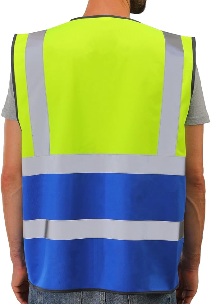 Dib Safety Reflective Vest High Visibility with Pockets and Zipper, Yellow and Blue 3XL