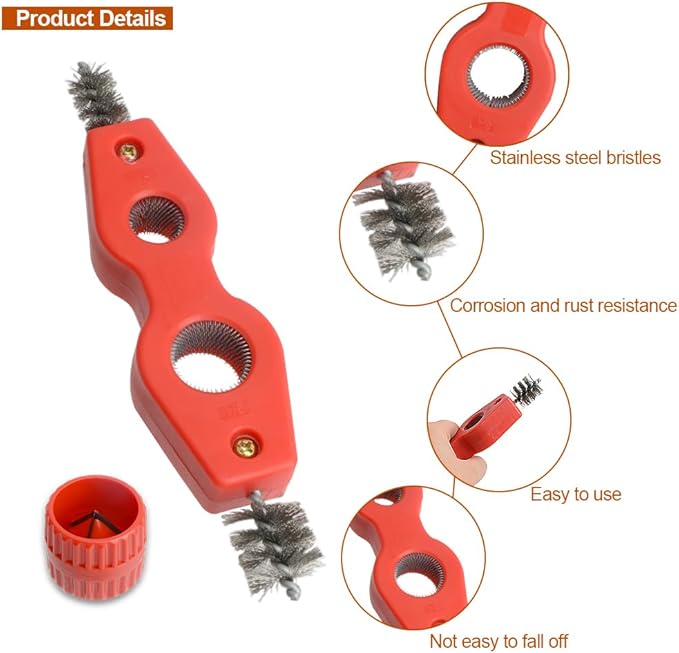 Copper Pipe Cleaner and Reamer Set, 4 in-1 Copper Tubing Brush Pipe Inside and Outside Wire Brush, Copper Pipe Deburring Tool for Soldering, Copper Pipes, Tubes, Pipe Deburring - Red