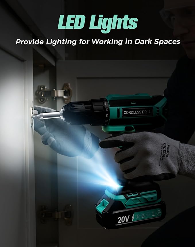 Cordless Drill, 20V MAX Power Drill Set with Dual Power Pack & Charger, 3/8 Inch Keyless Chuck, Variable Speed, 25+1 Position and 56PCS Bits/Screws, Power Tools for Home Projects