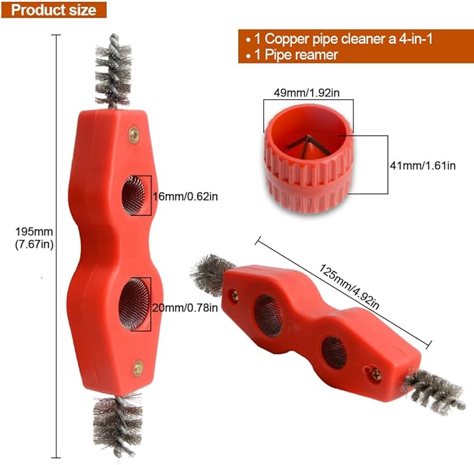 Copper Pipe Cleaner and Reamer Set, 4 in-1 Copper Tubing Brush Pipe Inside and Outside Wire Brush, Copper Pipe Deburring Tool for Soldering, Copper Pipes, Tubes, Pipe Deburring - Red
