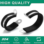30PCS Stainless Steel Cable Clamps 9 Sizes—1/8" 3/16" 1/4" 5/16" 3/8" 1/2" 5/8" 3/4" 1" Rubber Coated Cushioned Insulated Cable Clamp,Automotive Cable Wire Clamps,Pipe Clamps(Black)